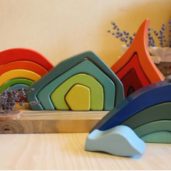 Waldorf Large Toy Four Elements Puzzle Rainbow Stacker Nesting Wooden Building Blocks Montessori puzzlе Rainbow Stacker, cave, Water, fire, Flame, Earth, Waves, air, Stacking