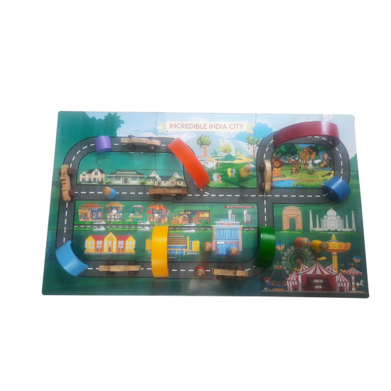 Incredible India City Rainbow Stacker Wooden Jigsaw Puzzle Mat Indian Theme with Road Tracks, 7 Different Design Wooden Cars, 7 Wooden Peg Dolls & 7 Pcs Rainbow Stacker
